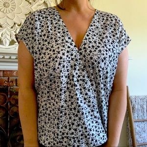 Black and White Floral Wrap Blouse XL